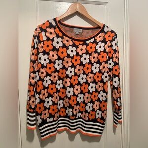Joseph A NWT Orange and White 60s 70s Floral Retro Daisy Sweater PL Flower Power